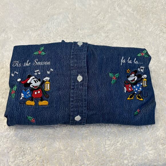 Disney Tops - VTG Disney Denim Button Up Shirt Women Sz Lrg Minnie/Mickey Christmas Cotton